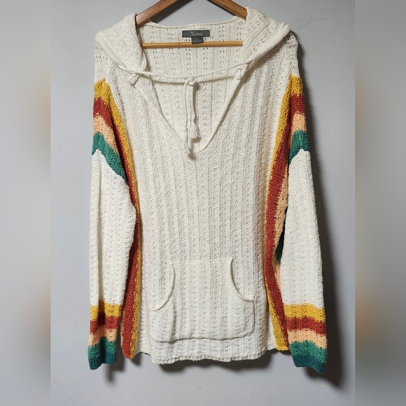 Natural Reflections Sweaters - Natural Reflections White Colorful Stripe Baja Boho Knit Hoodie Sweater XL